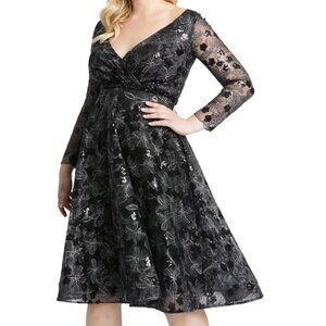Mac Duggal Black Long Sleeve Illusion Sequin Embroidered Midi Dress